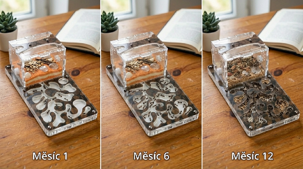 Růst mravenčí kolonie za 12 měsíců — od pár mravenců po stovky