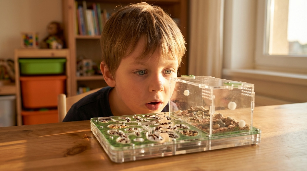 Dítě fascinované mravenčí farmou